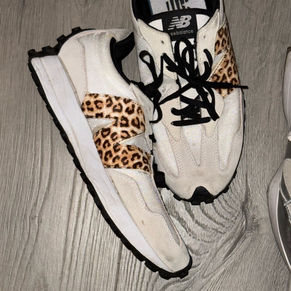 New Balance White and Leopard Print Sneakers